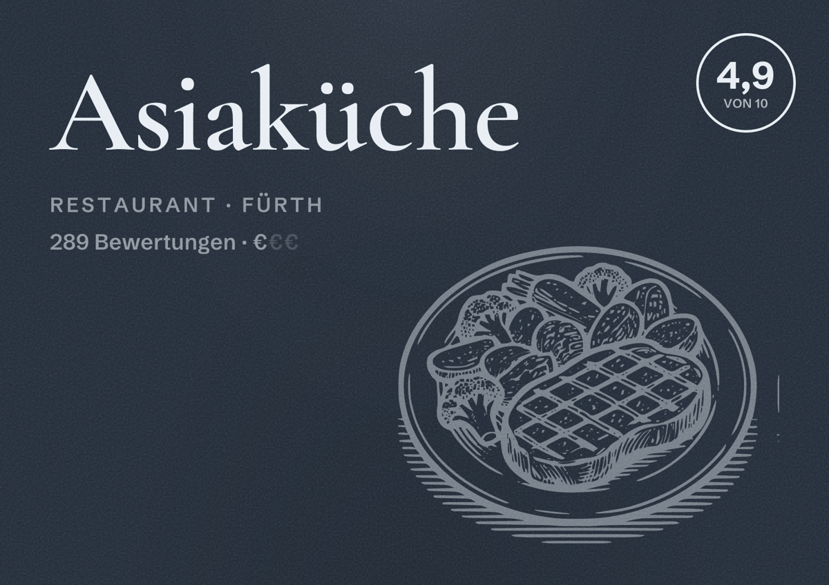 Illustriertes Poster von Asiaküche, Restaurant in Fürth: Bewertung 4,9 von 10 aus 289 Bewertungen, Preisniveau €