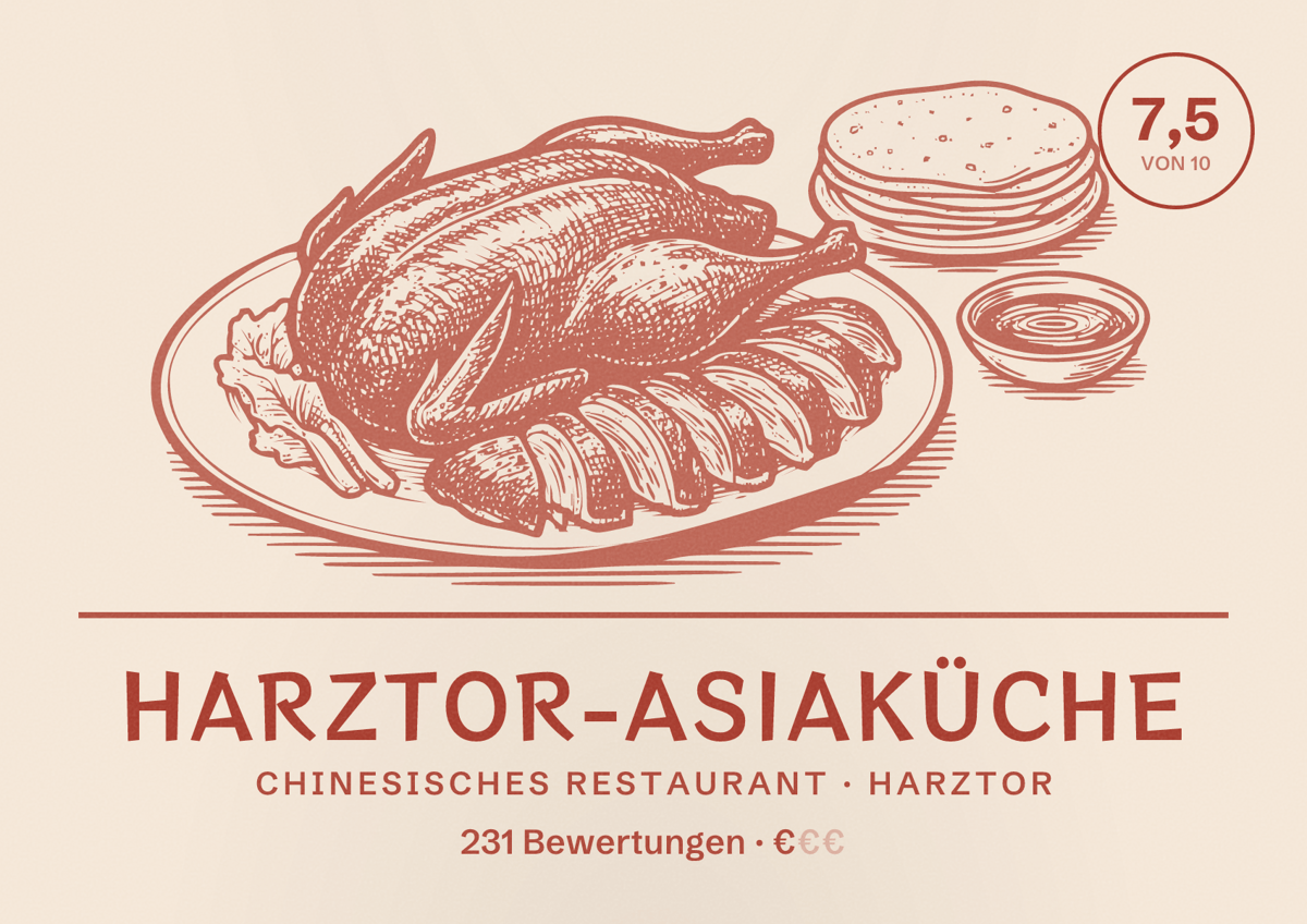 Illustriertes Poster von Harztor-Asiaküche, Chinesisches Restaurant in Harztor: Bewertung 7,5 von 10 aus 231 Bewertungen, Preisniveau €