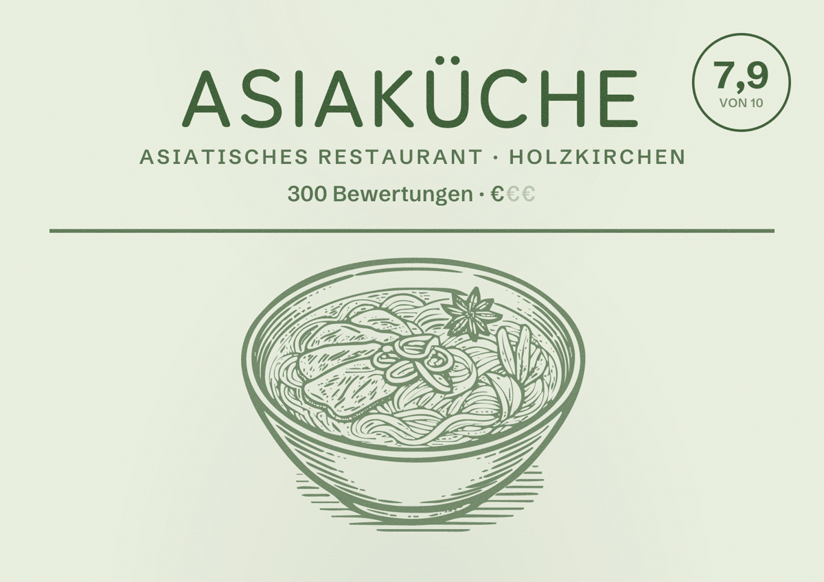 Illustriertes Poster von Asiaküche, Asiatisches Restaurant in Holzkirchen: Bewertung 7,9 von 10 aus 300 Bewertungen, Preisniveau €