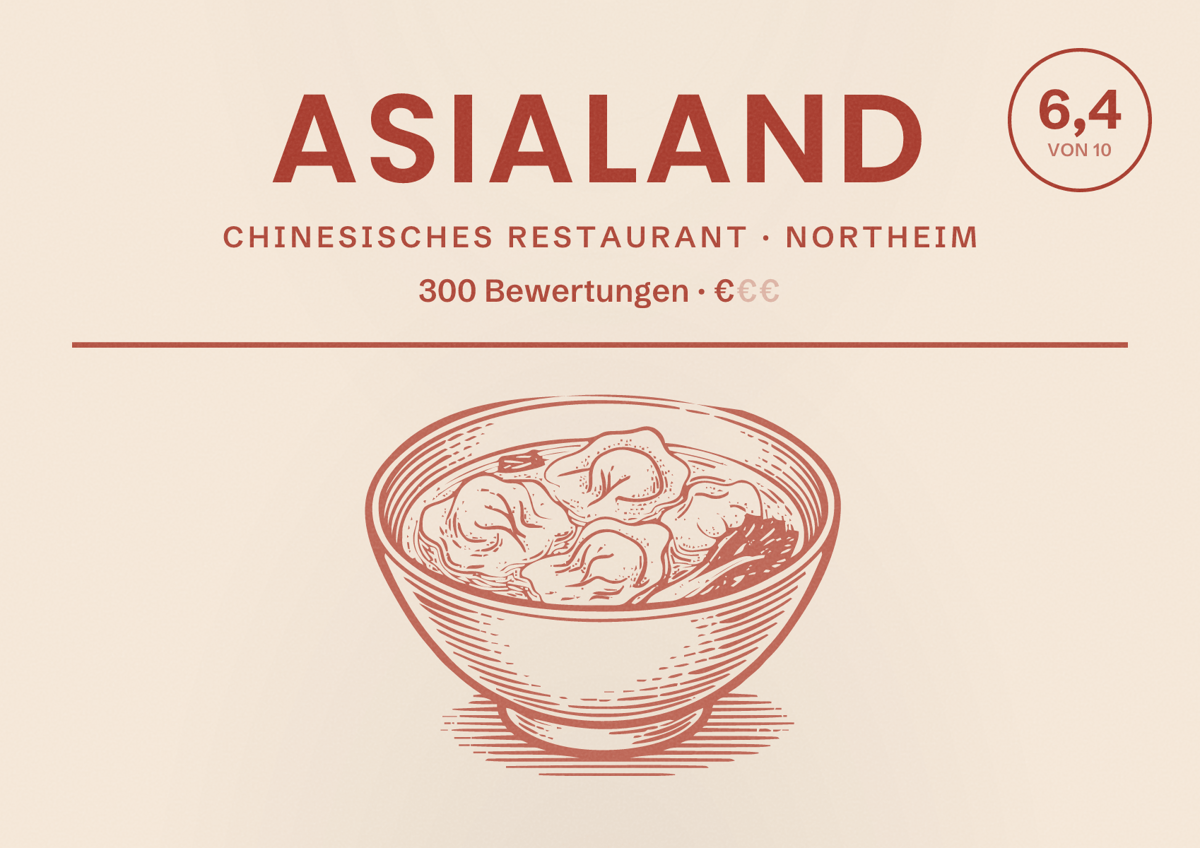 Illustriertes Poster von Asialand, Chinesisches Restaurant in Northeim: Bewertung 6,4 von 10 aus 300 Bewertungen, Preisniveau €
