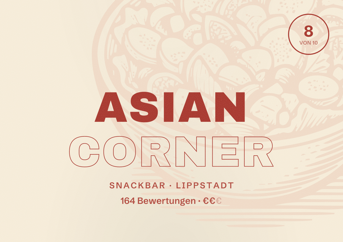 Illustriertes Poster von Asian Corner, Snackbar in Lippstadt: Bewertung 8 von 10 aus 164 Bewertungen, Preisniveau €€