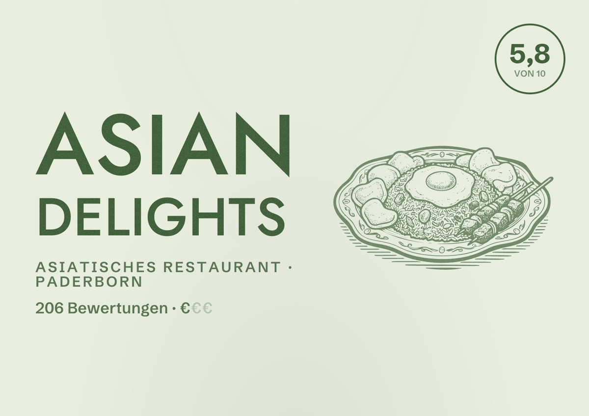 Illustriertes Poster von Asian Delights, Asiatisches Restaurant in Paderborn: Bewertung 5,8 von 10 aus 206 Bewertungen, Preisniveau €