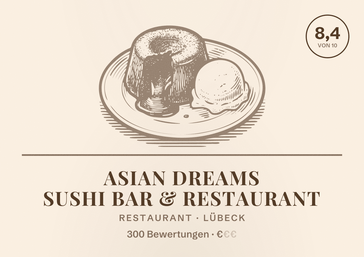Illustriertes Poster von Asian Dreams Sushi Bar & Restaurant, Restaurant in Lübeck: Bewertung 8,4 von 10 aus 300 Bewertungen, Preisniveau €