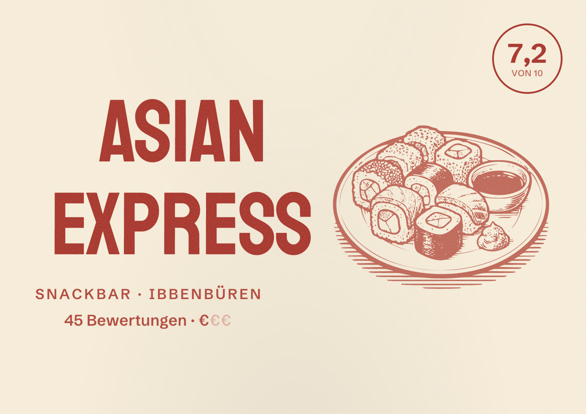 Illustriertes Poster von Asian Express, Snackbar in Ibbenbüren: Bewertung 7,2 von 10 aus 45 Bewertungen, Preisniveau €