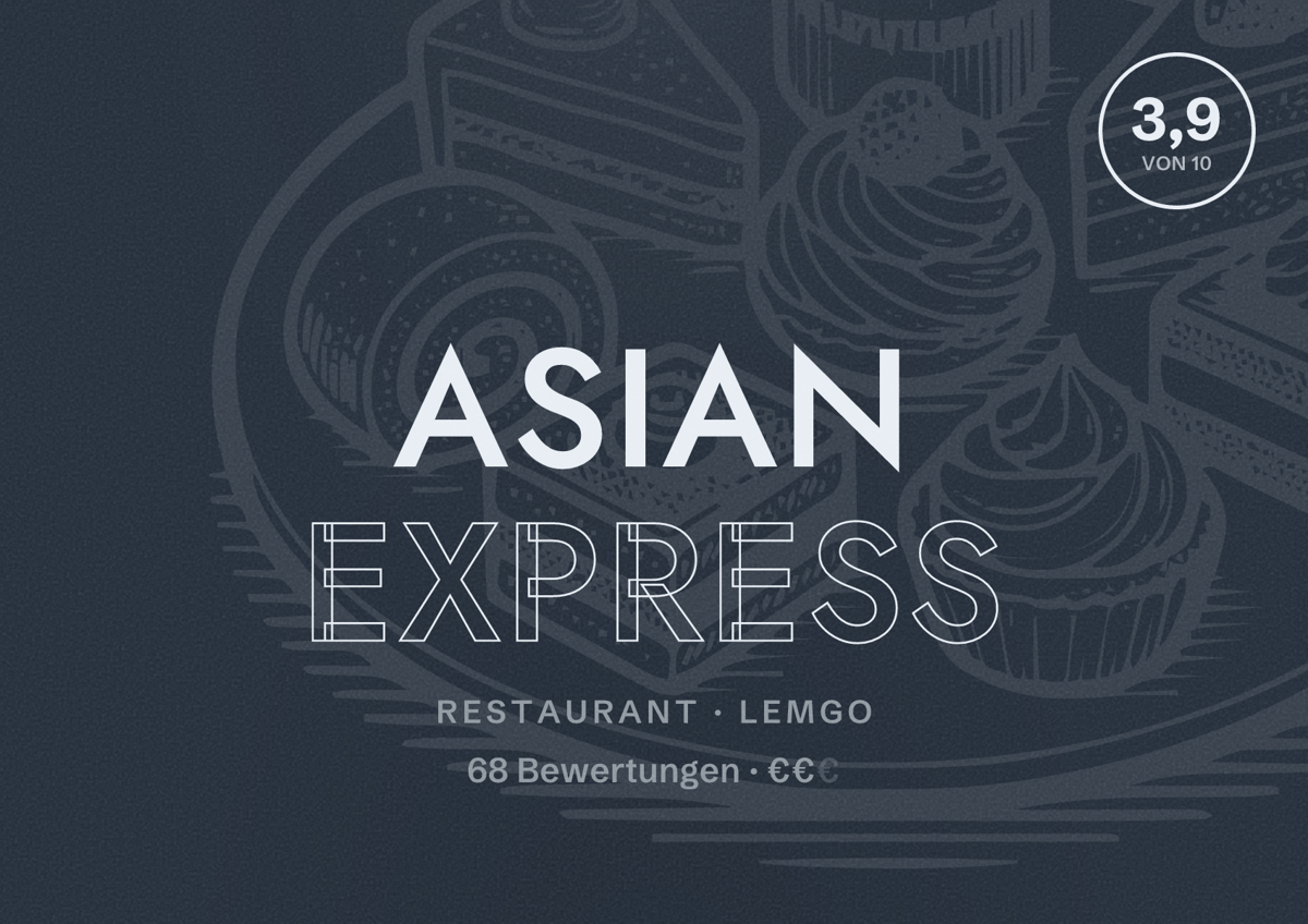 Illustriertes Poster von Asian Express, Restaurant in Lemgo: Bewertung 3,9 von 10 aus 68 Bewertungen, Preisniveau €€