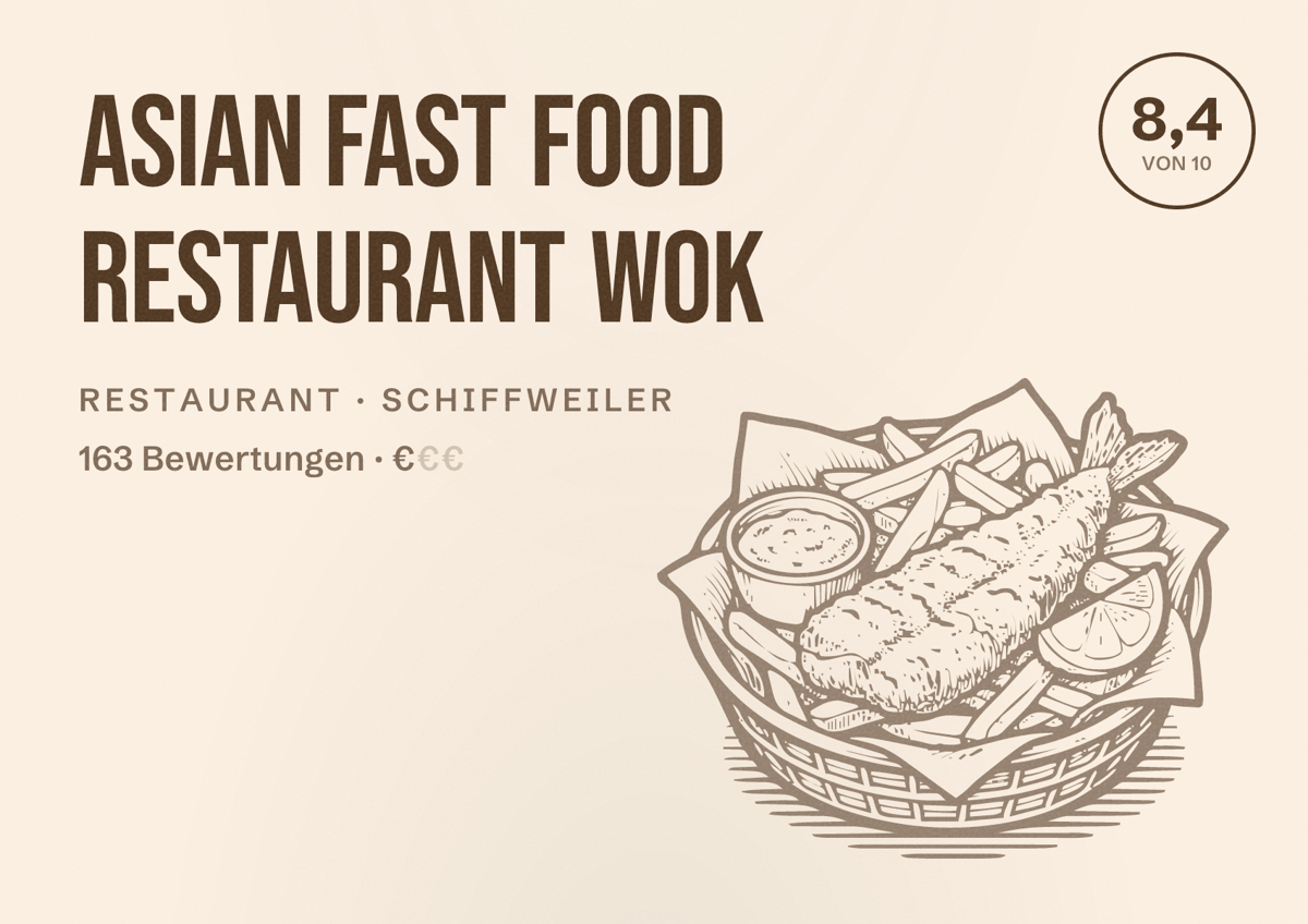 Illustriertes Poster von Asian fast food restaurant Wok, Restaurant in Schiffweiler: Bewertung 8,4 von 10 aus 163 Bewertungen, Preisniveau €