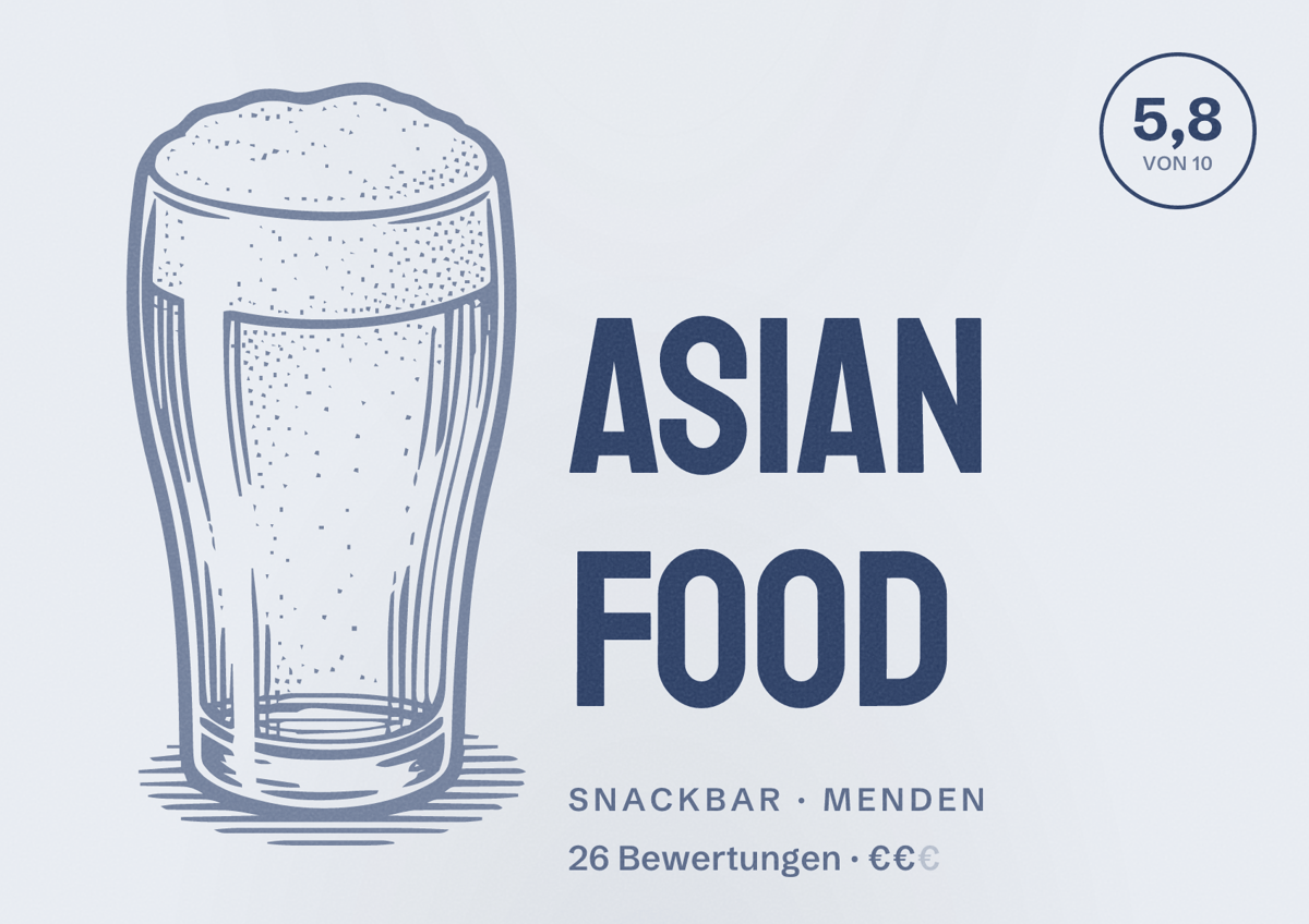 Illustriertes Poster von Asian Food, Snackbar in Menden: Bewertung 5,8 von 10 aus 26 Bewertungen, Preisniveau €€