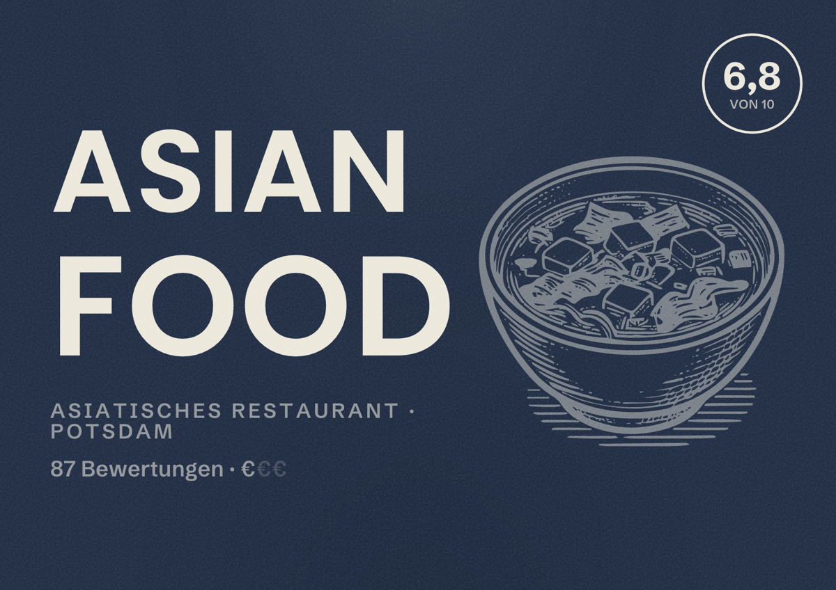 Illustriertes Poster von Asian food, Asiatisches Restaurant in Potsdam: Bewertung 6,8 von 10 aus 87 Bewertungen, Preisniveau €