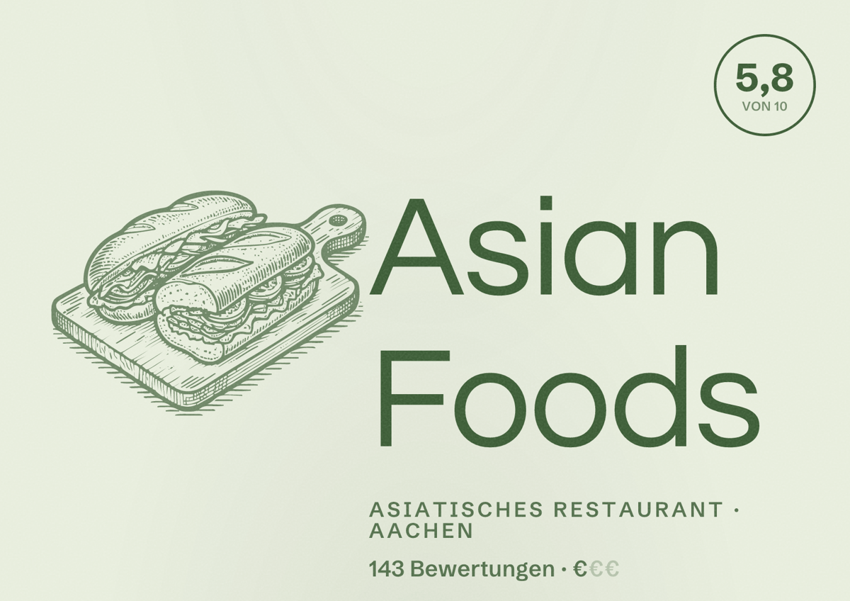Illustriertes Poster von Asian Foods, Asiatisches Restaurant in Aachen: Bewertung 5,8 von 10 aus 143 Bewertungen, Preisniveau €