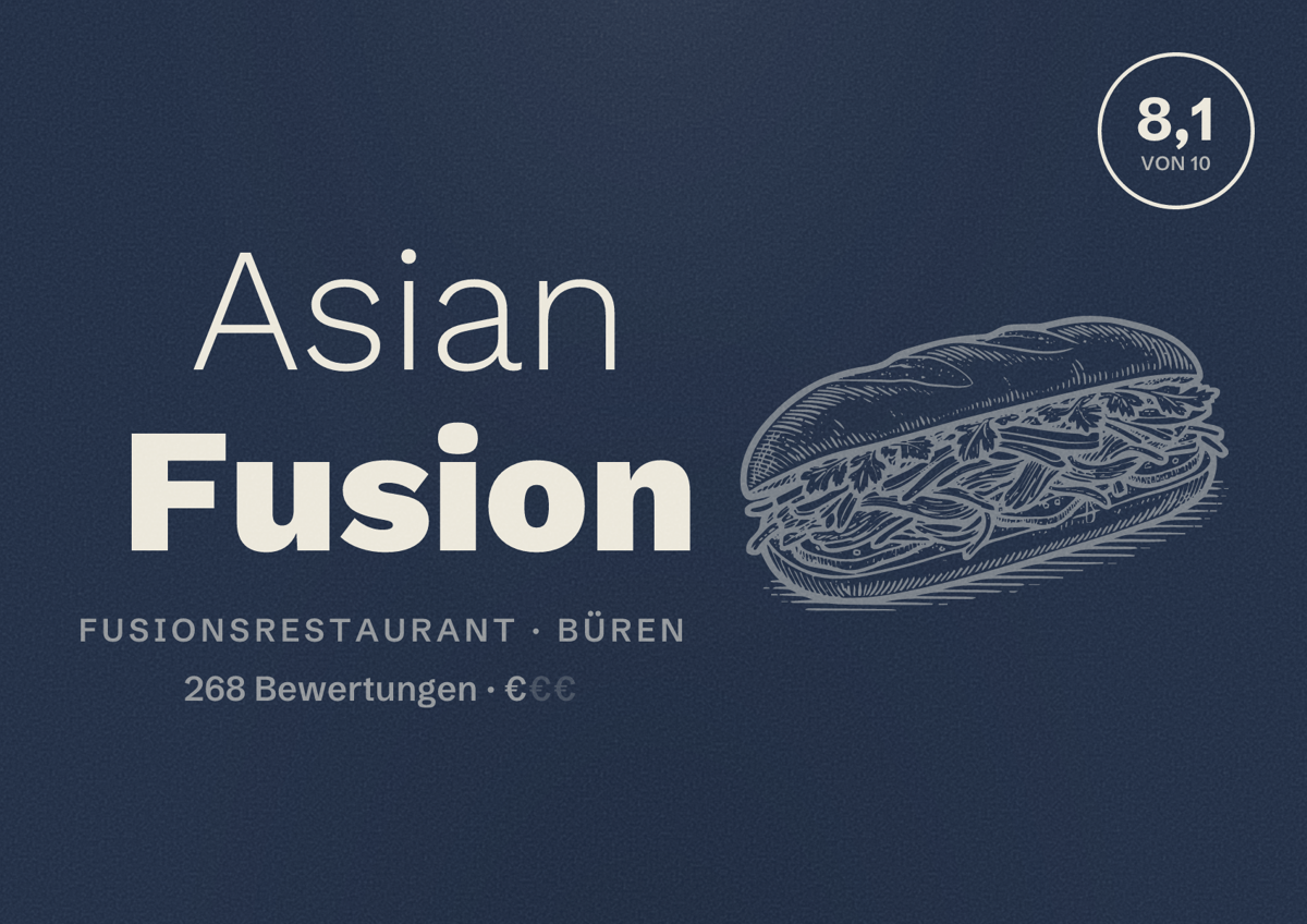 Illustriertes Poster von Asian Fusion, Fusionsrestaurant in Büren: Bewertung 8,1 von 10 aus 268 Bewertungen, Preisniveau €