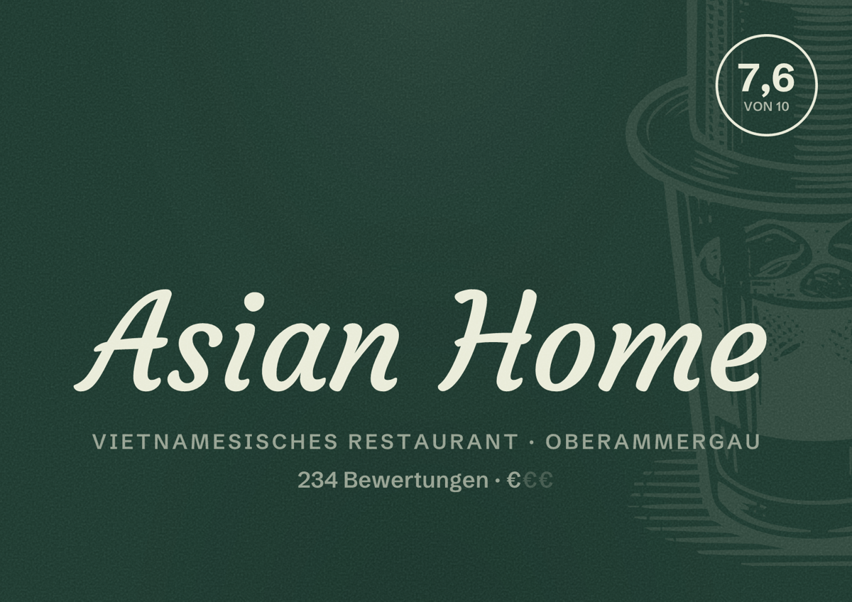 Illustriertes Poster von Asian Home, Vietnamesisches Restaurant in Oberammergau: Bewertung 7,6 von 10 aus 234 Bewertungen, Preisniveau €
