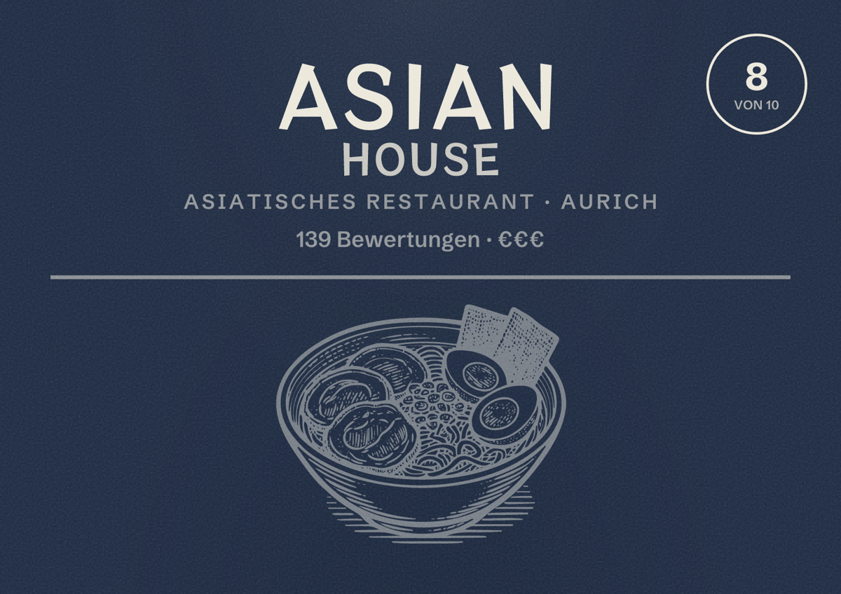 Illustriertes Poster von Asian House, Asiatisches Restaurant in Aurich: Bewertung 8 von 10 aus 139 Bewertungen, Preisniveau €€€