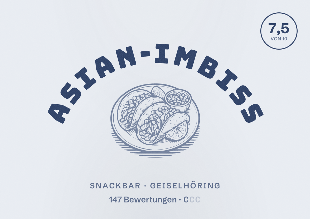 Illustriertes Poster von Asian-Imbiss, Snackbar in Geiselhöring: Bewertung 7,5 von 10 aus 147 Bewertungen, Preisniveau €