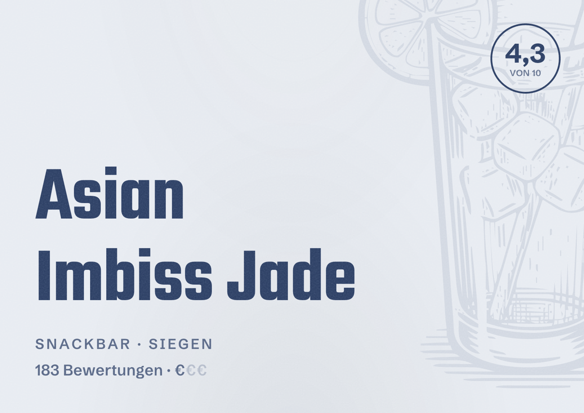 Illustriertes Poster von Asian Imbiss Jade, Snackbar in Siegen: Bewertung 4,3 von 10 aus 183 Bewertungen, Preisniveau €