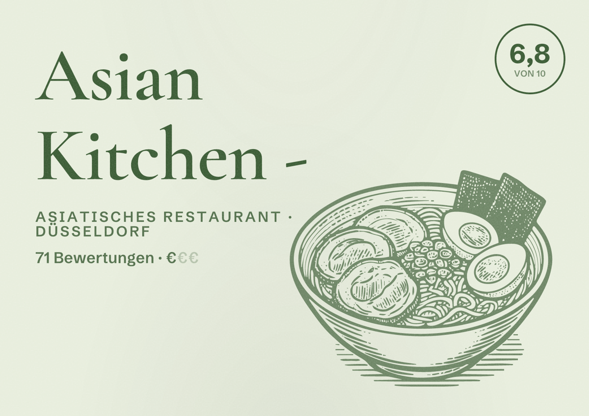 Illustriertes Poster von Asian Kitchen -, Asiatisches Restaurant in Düsseldorf: Bewertung 6,8 von 10 aus 71 Bewertungen, Preisniveau €