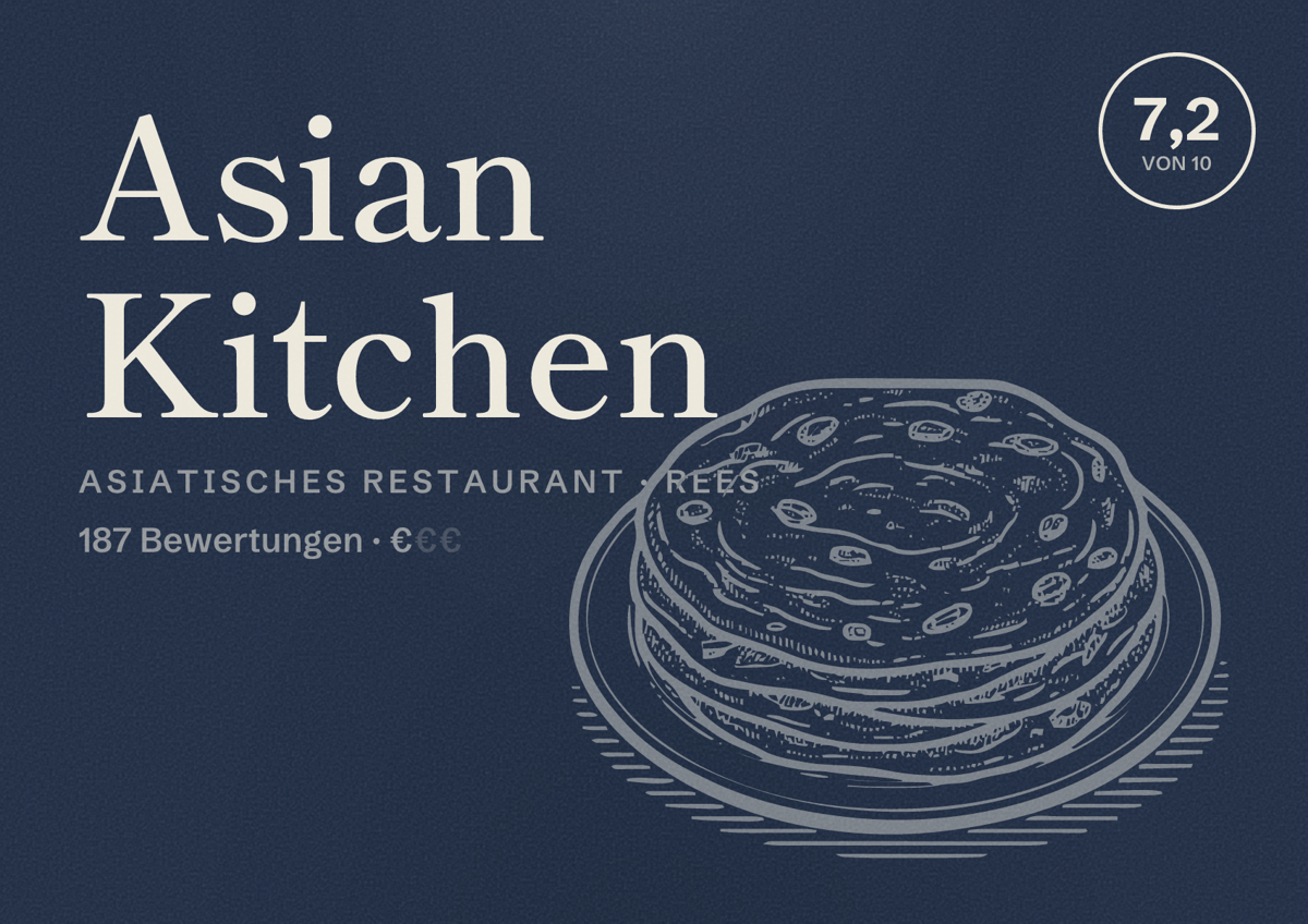 Illustriertes Poster von Asian Kitchen, Asiatisches Restaurant in Rees: Bewertung 7,2 von 10 aus 187 Bewertungen, Preisniveau €