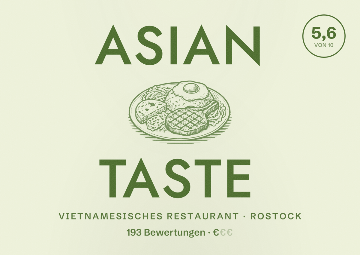Illustriertes Poster von Asian Taste, Vietnamesisches Restaurant in Rostock: Bewertung 5,6 von 10 aus 193 Bewertungen, Preisniveau €