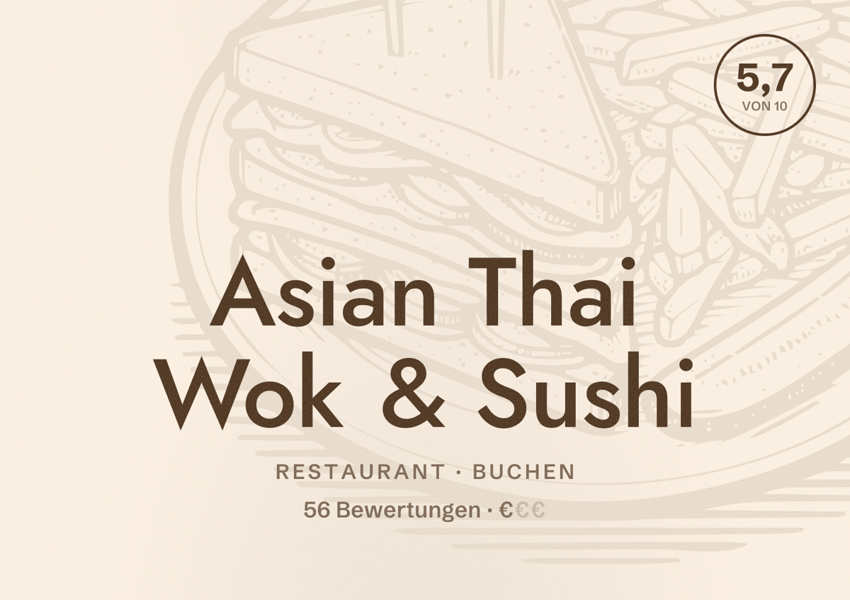 Illustriertes Poster von Asian Thai Wok & Sushi, Restaurant in Buchen: Bewertung 5,7 von 10 aus 56 Bewertungen, Preisniveau €