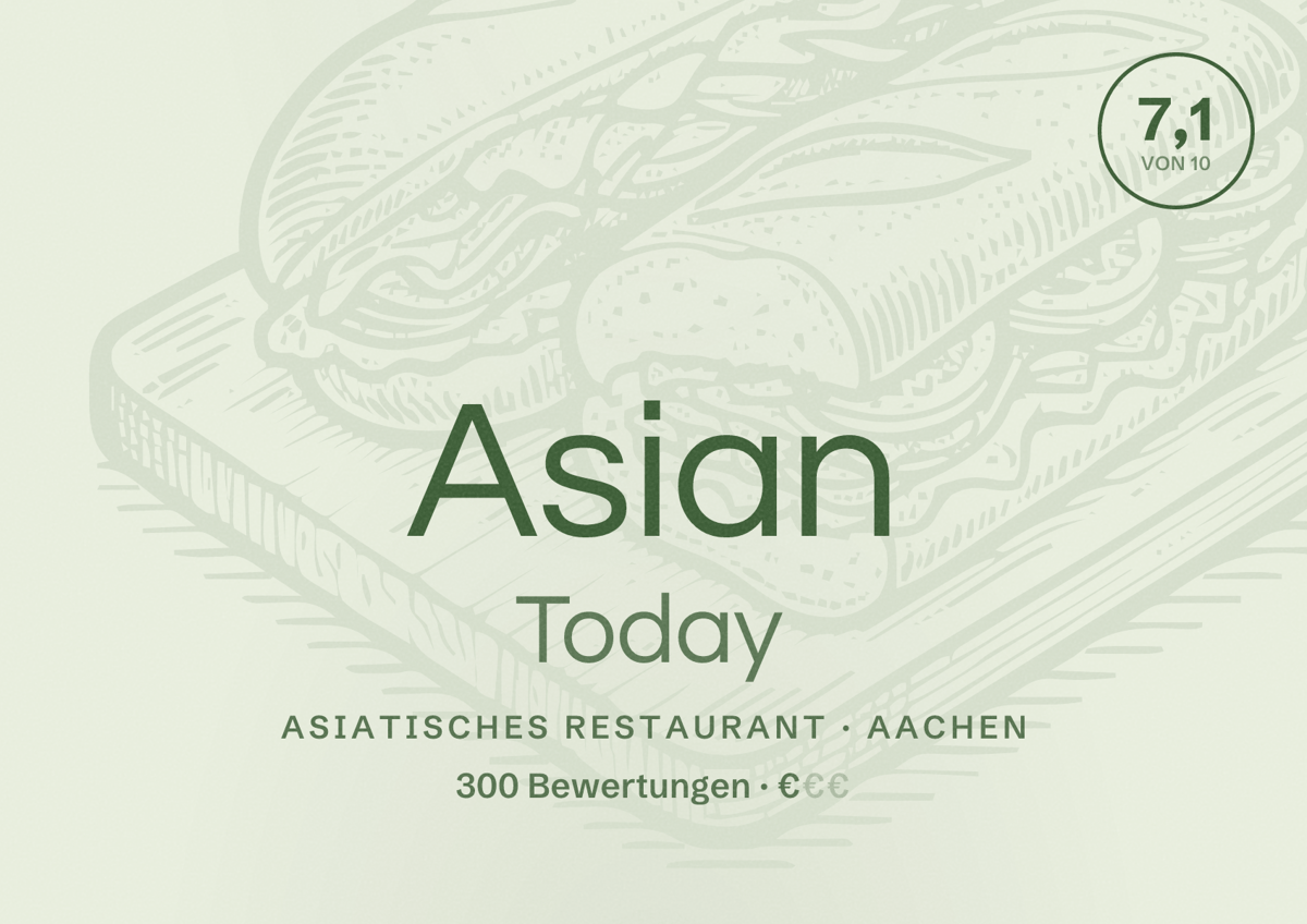 Illustriertes Poster von Asian Today, Asiatisches Restaurant in Aachen: Bewertung 7,1 von 10 aus 300 Bewertungen, Preisniveau €