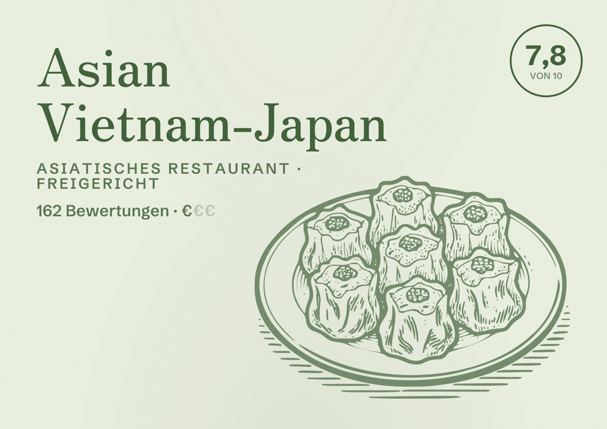 Illustriertes Poster von Asian Vietnam-Japan, Asiatisches Restaurant in Freigericht: Bewertung 7,8 von 10 aus 162 Bewertungen, Preisniveau €