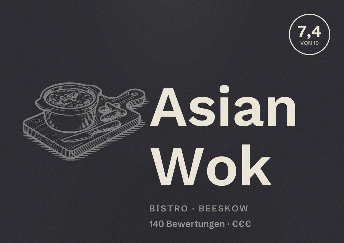 Illustriertes Poster von Asian Wok, Bistro in Beeskow: Bewertung 7,4 von 10 aus 140 Bewertungen, Preisniveau €€€