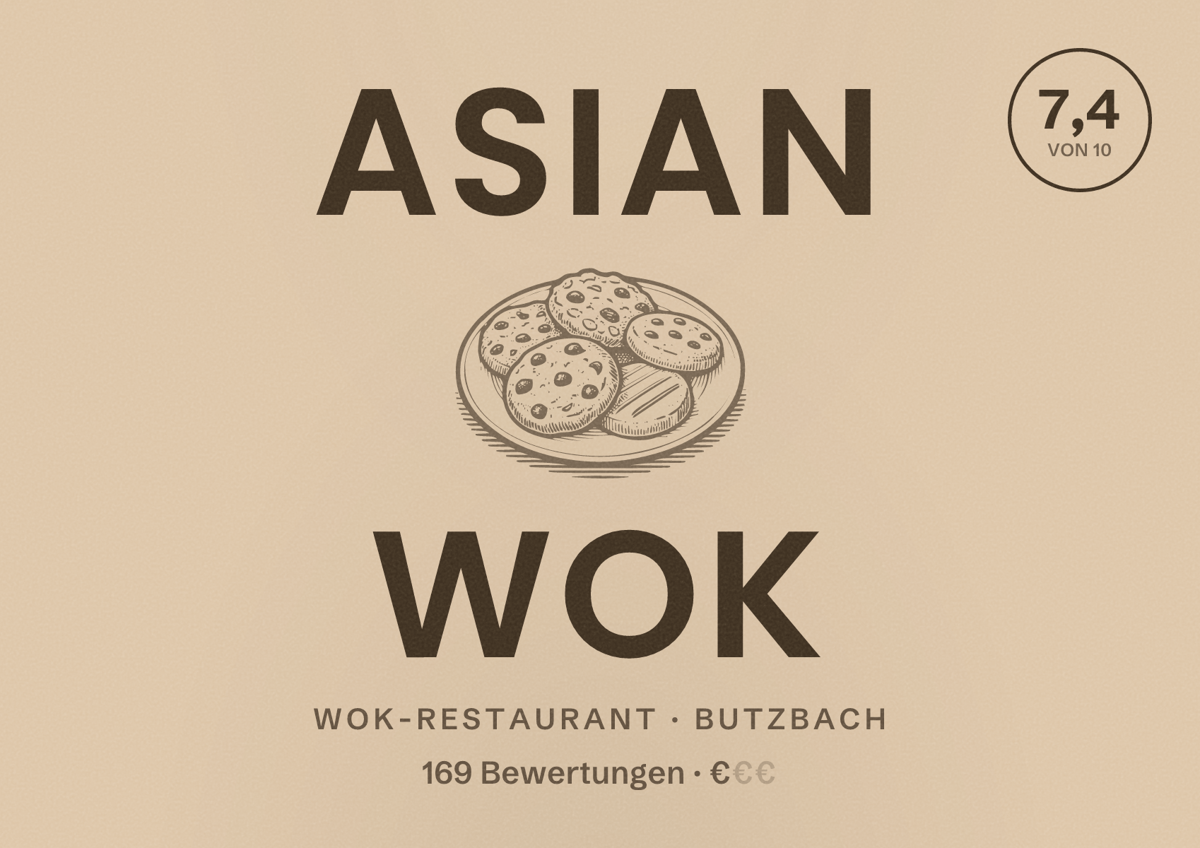 Illustriertes Poster von Asian Wok, Wok-Restaurant in Butzbach: Bewertung 7,4 von 10 aus 169 Bewertungen, Preisniveau €