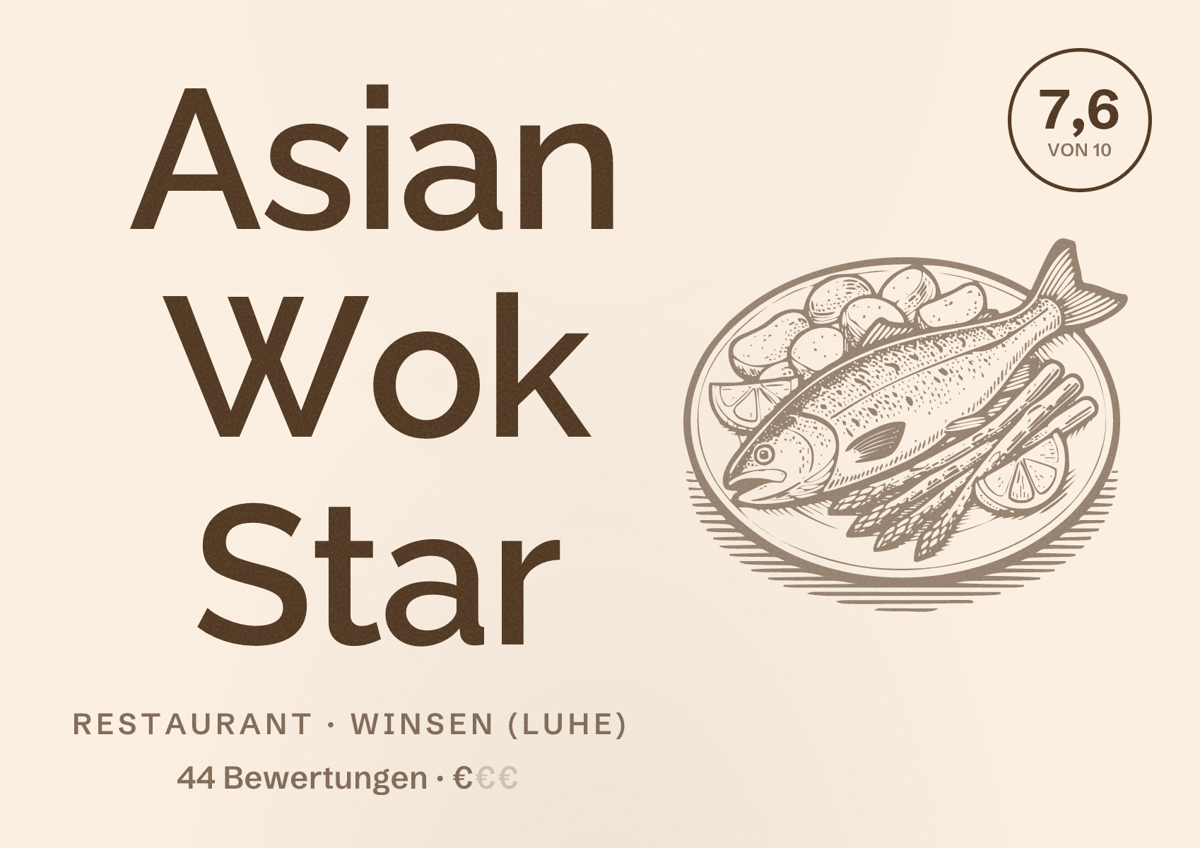 Illustriertes Poster von Asian Wok Star, Restaurant in Winsen (Luhe): Bewertung 7,6 von 10 aus 44 Bewertungen, Preisniveau €