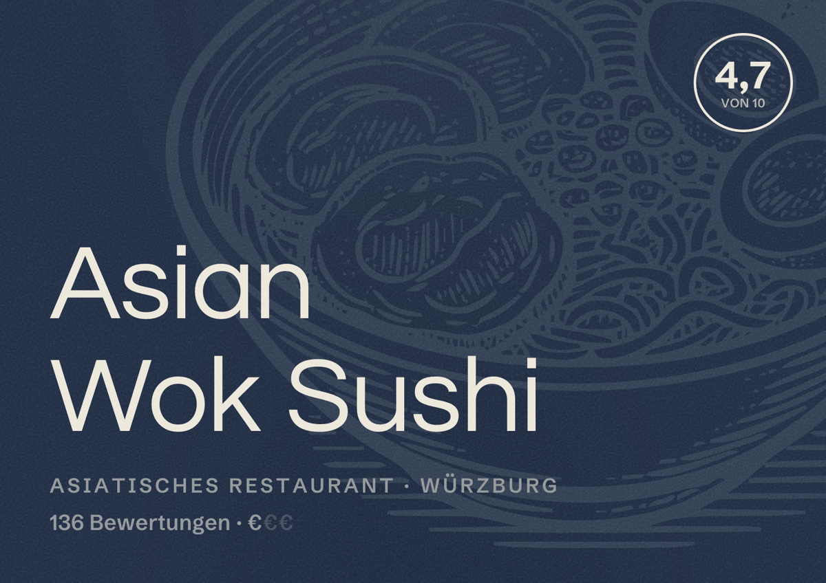 Illustriertes Poster von Asian Wok Sushi, Asiatisches Restaurant in Würzburg: Bewertung 4,7 von 10 aus 136 Bewertungen, Preisniveau €