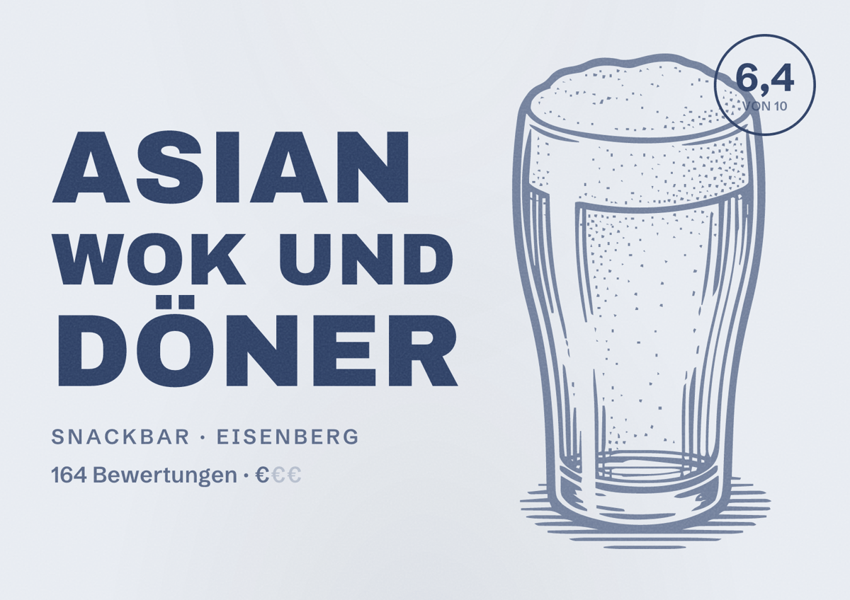 Illustriertes Poster von Asian wok und Döner, Snackbar in Eisenberg: Bewertung 6,4 von 10 aus 164 Bewertungen, Preisniveau €