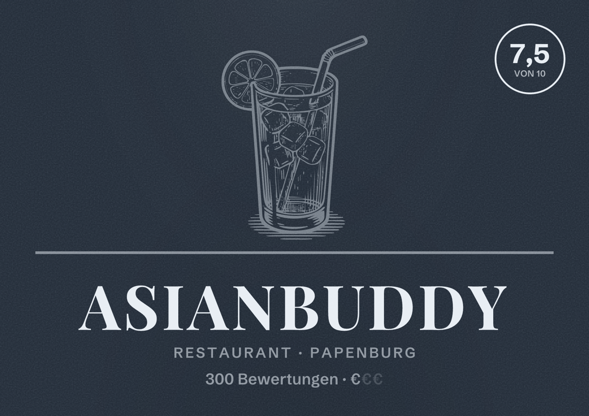 Illustriertes Poster von AsianBuddy, Restaurant in Papenburg: Bewertung 7,5 von 10 aus 300 Bewertungen, Preisniveau €