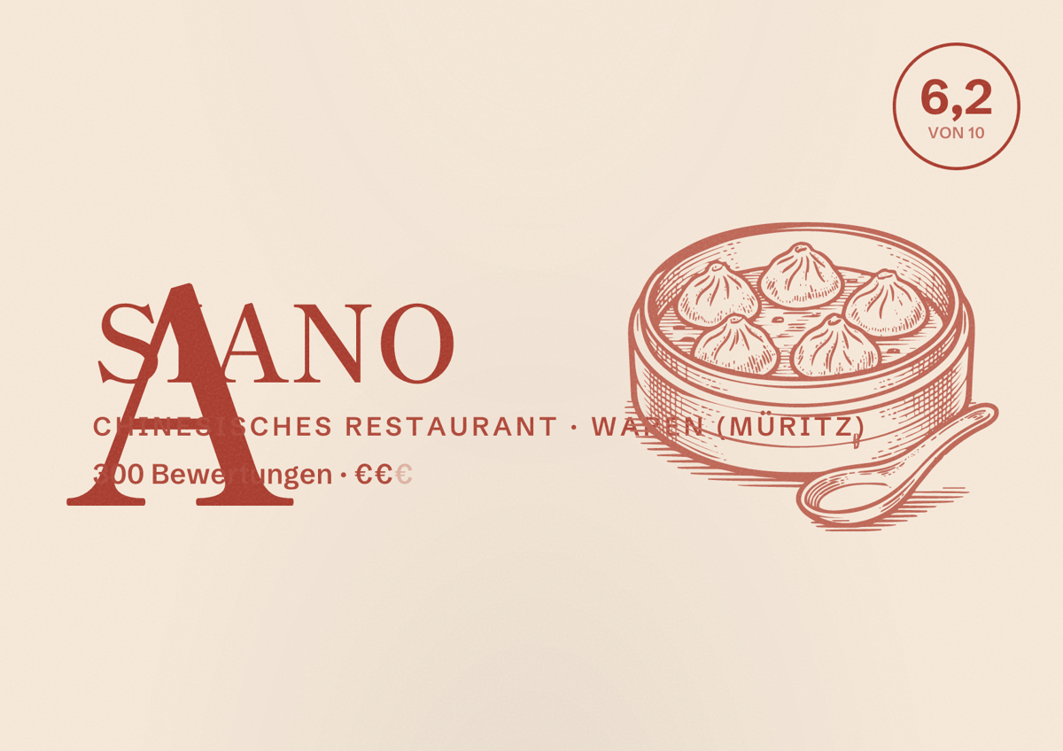 Illustriertes Poster von ASIANO, Chinesisches Restaurant in Waren (Müritz): Bewertung 6,2 von 10 aus 300 Bewertungen, Preisniveau €€