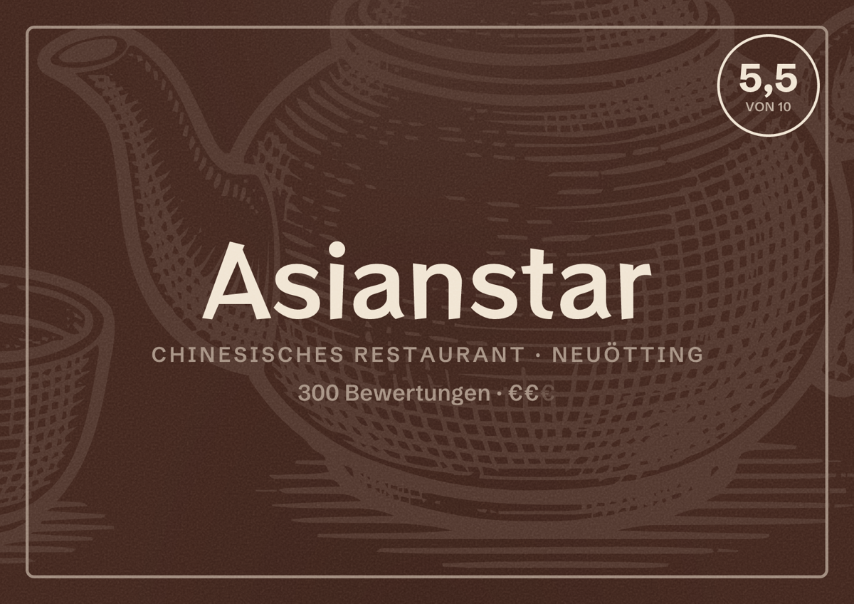 Illustriertes Poster von Asianstar, Chinesisches Restaurant in Neuötting: Bewertung 5,5 von 10 aus 300 Bewertungen, Preisniveau €€