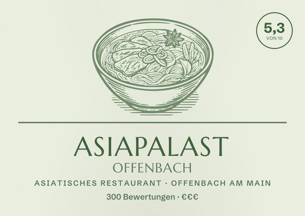 Illustriertes Poster von Asiapalast Offenbach, Asiatisches Restaurant in Offenbach am Main: Bewertung 5,3 von 10 aus 300 Bewertungen, Preisniveau €€€