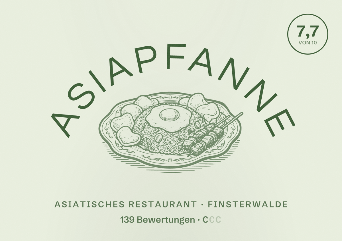 Illustriertes Poster von Asiapfanne, Asiatisches Restaurant in Finsterwalde: Bewertung 7,7 von 10 aus 139 Bewertungen, Preisniveau €