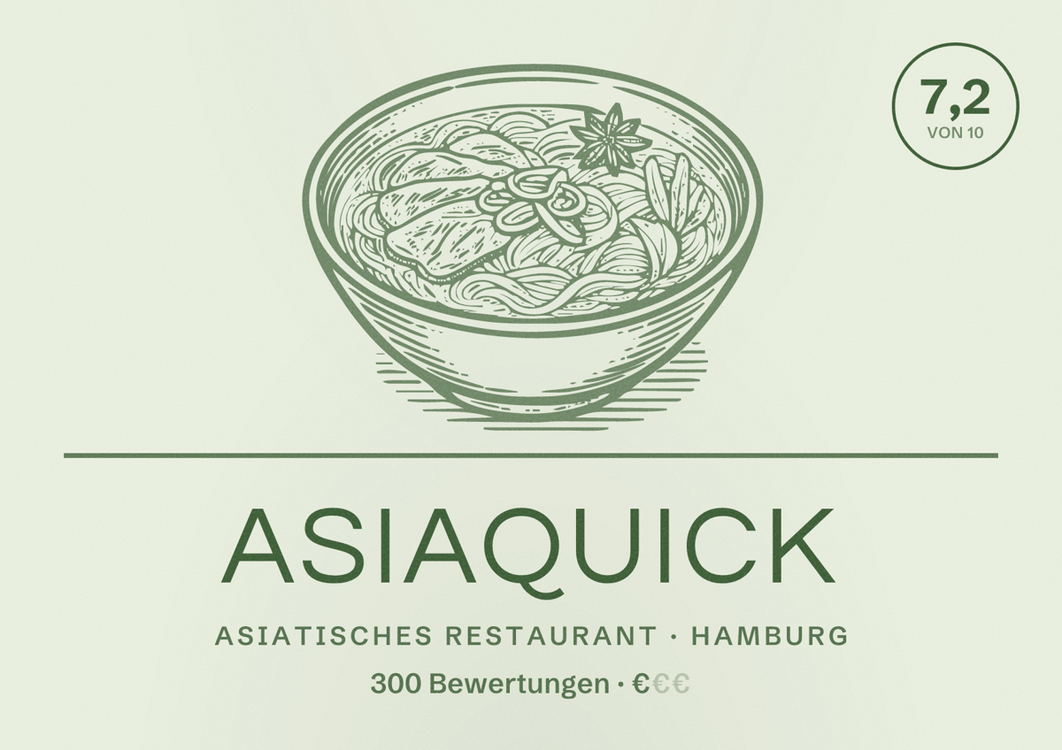 Illustriertes Poster von AsiaQuick, Asiatisches Restaurant in Hamburg: Bewertung 7,2 von 10 aus 300 Bewertungen, Preisniveau €