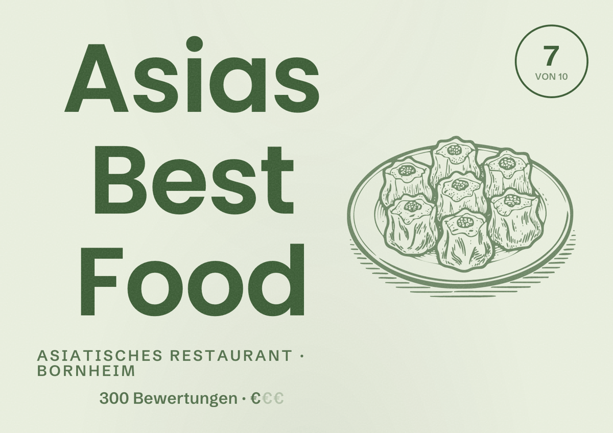 Illustriertes Poster von Asias Best Food, Asiatisches Restaurant in Bornheim: Bewertung 7 von 10 aus 300 Bewertungen, Preisniveau €