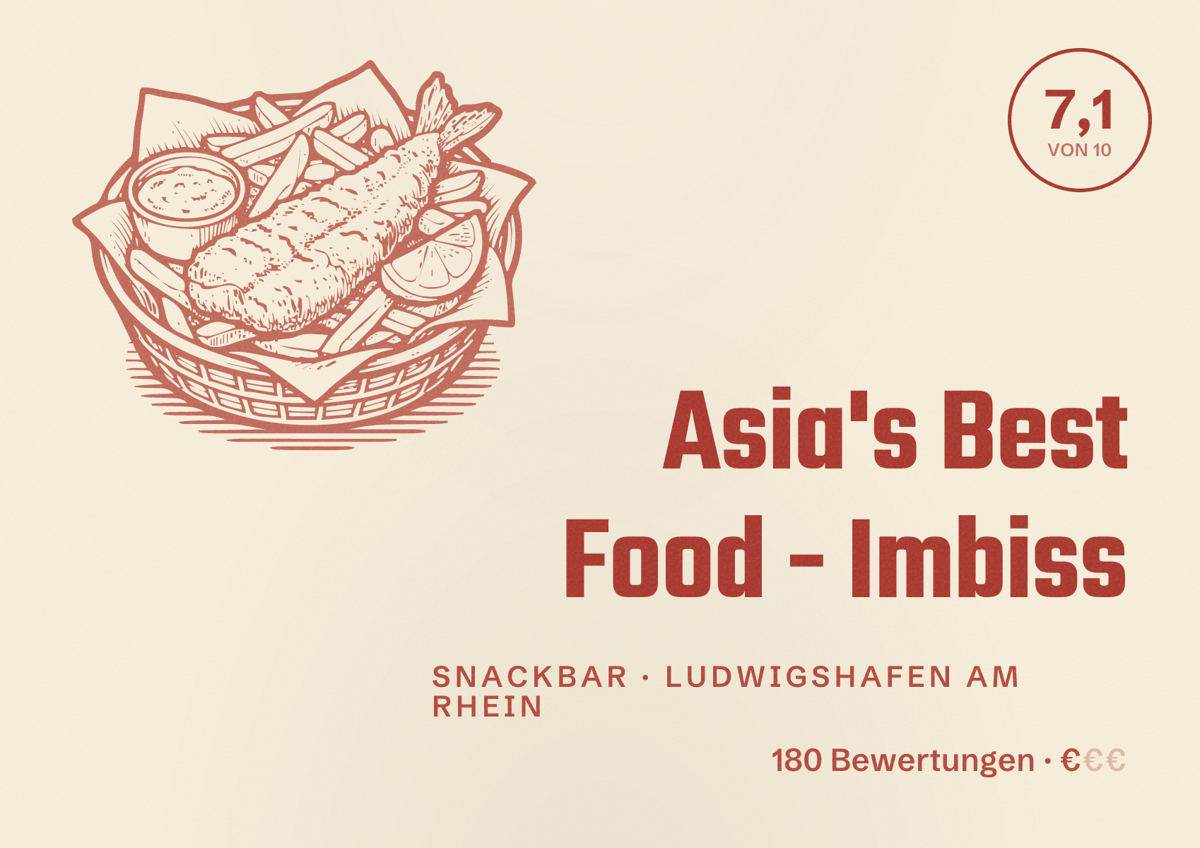Illustriertes Poster von Asia's Best Food - Imbiss, Snackbar in Ludwigshafen am Rhein: Bewertung 7,1 von 10 aus 180 Bewertungen, Preisniveau €