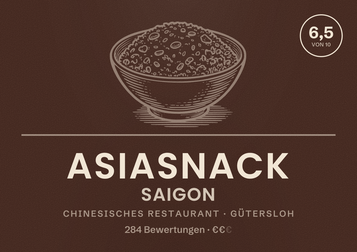 Illustriertes Poster von Asiasnack Saigon, Chinesisches Restaurant in Gütersloh: Gästebewertung 6,5 von 10 aus 284 Bewertungen