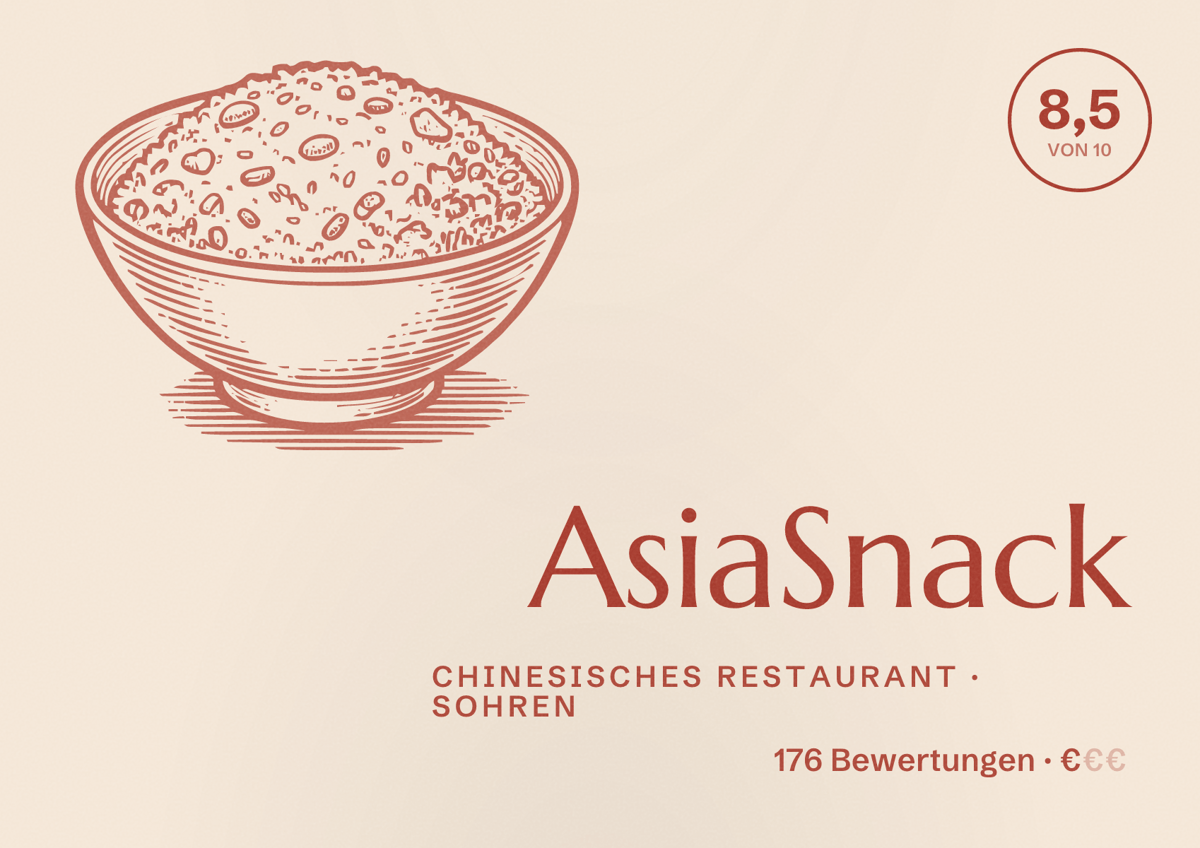 Illustriertes Poster von AsiaSnack, Chinesisches Restaurant in Sohren: Bewertung 8,5 von 10 aus 176 Bewertungen, Preisniveau €