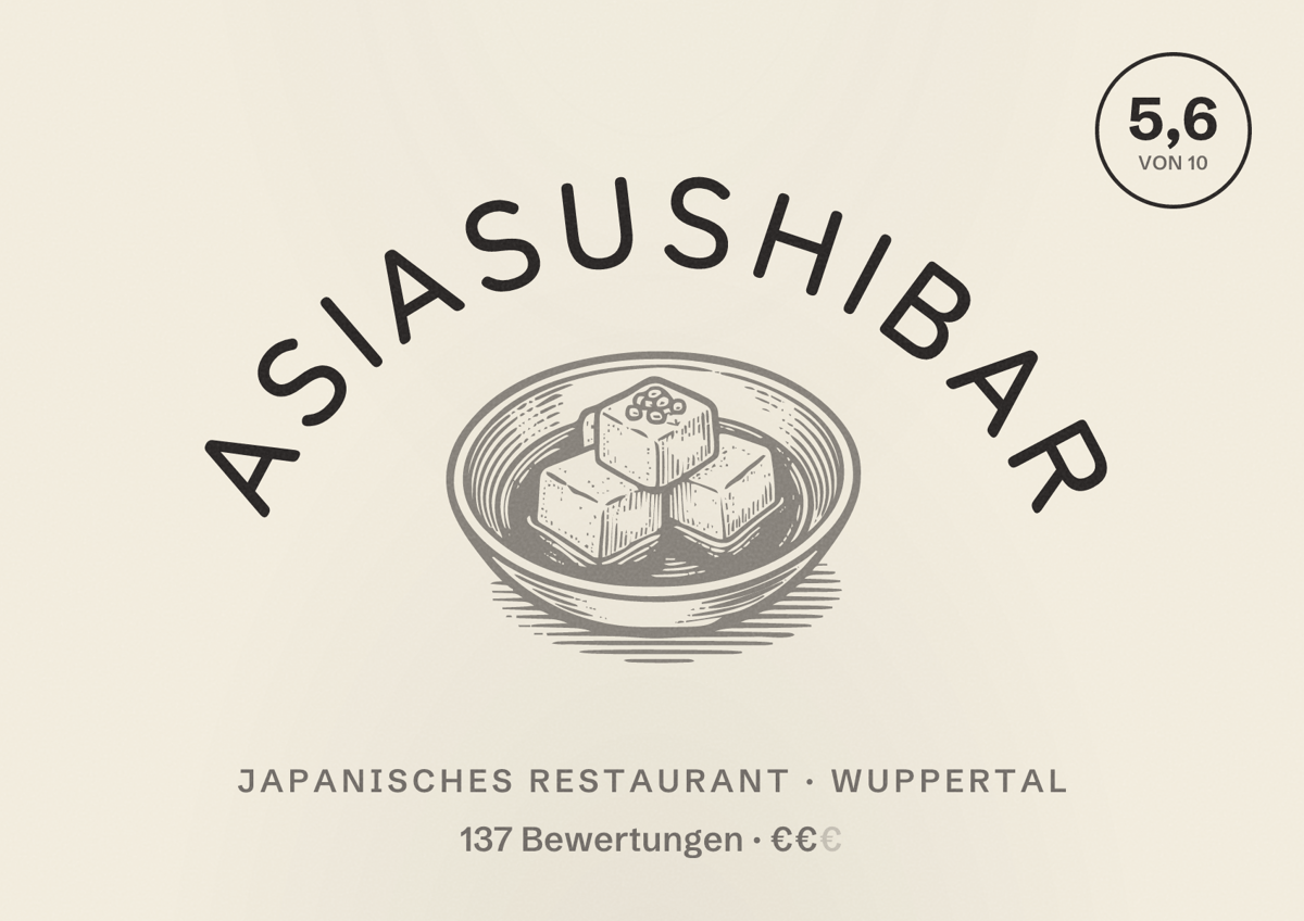 Illustriertes Poster von Asiasushibar, Japanisches Restaurant in Wuppertal: Bewertung 5,6 von 10 aus 137 Bewertungen, Preisniveau €€