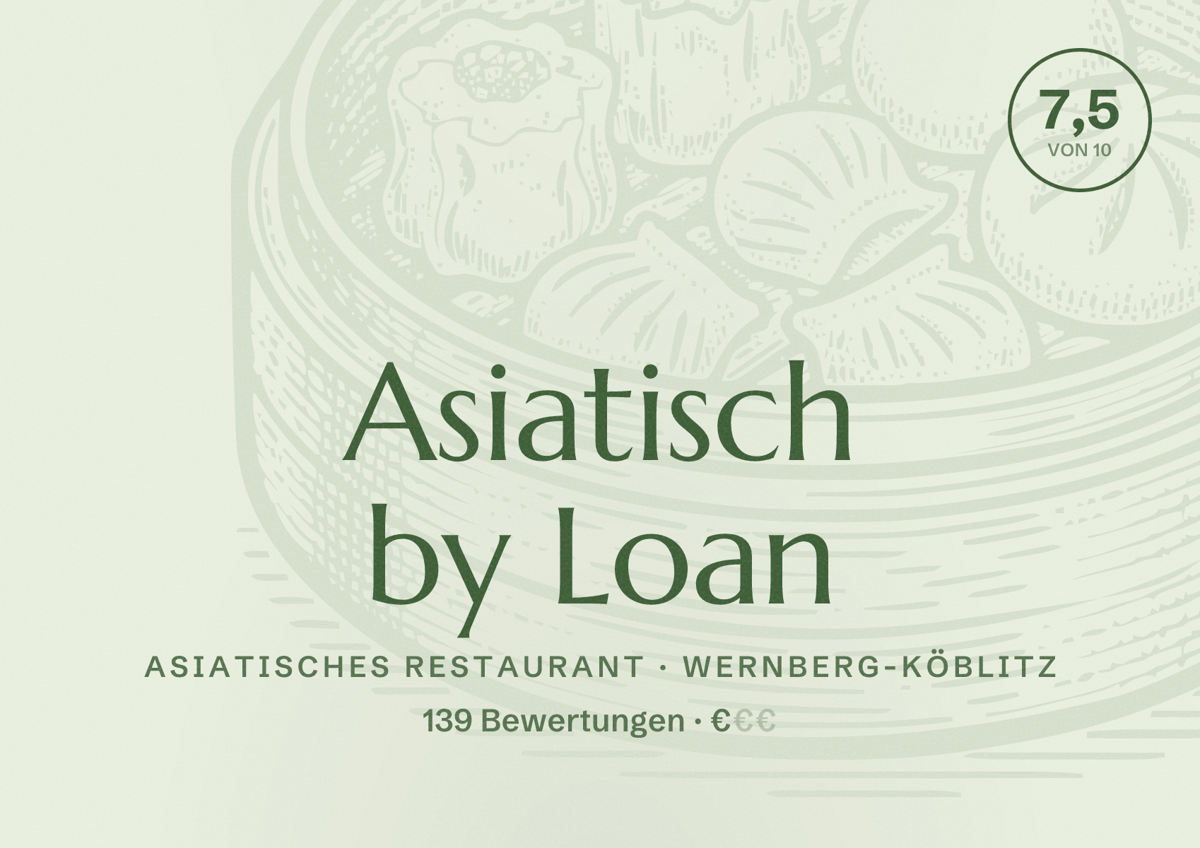 Illustriertes Poster von Asiatisch by Loan, Asiatisches Restaurant in Wernberg-Köblitz: Bewertung 7,5 von 10 aus 139 Bewertungen, Preisniveau €