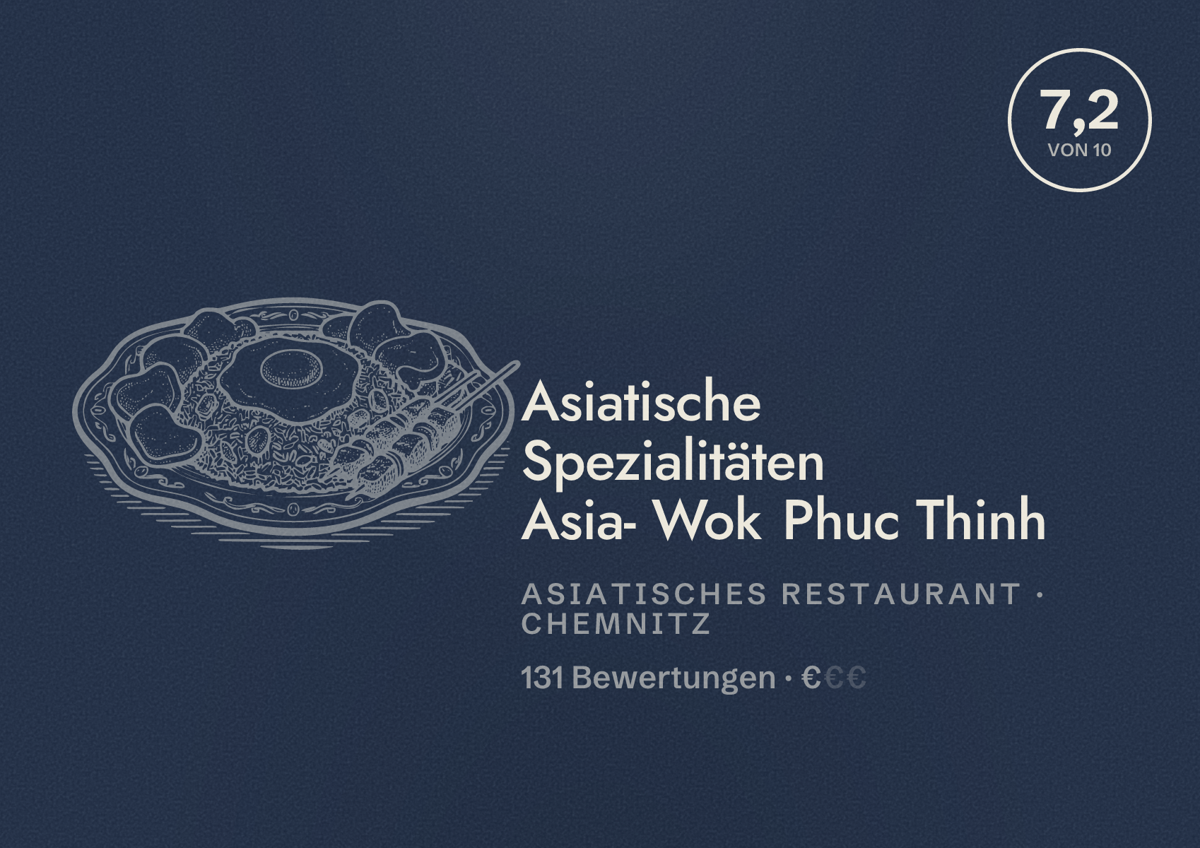 Illustriertes Poster von Asiatische Spezialitäten Asia- Wok Phuc Thinh, Asiatisches Restaurant in Chemnitz: Bewertung 7,2 von 10 aus 131 Bewertungen, Preisniveau €