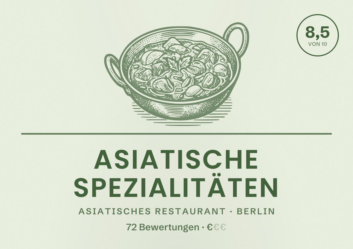 Illustriertes Poster von Asiatische Spezialitäten, Asiatisches Restaurant in Berlin: Bewertung 8,5 von 10 aus 72 Bewertungen, Preisniveau €