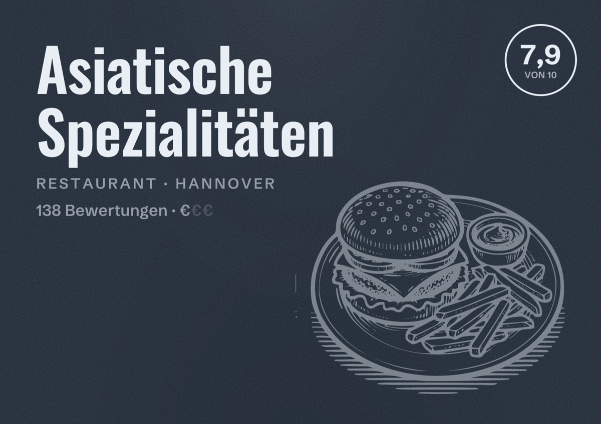 Illustriertes Poster von Asiatische Spezialitäten, Restaurant in Hannover: Bewertung 7,9 von 10 aus 138 Bewertungen, Preisniveau €