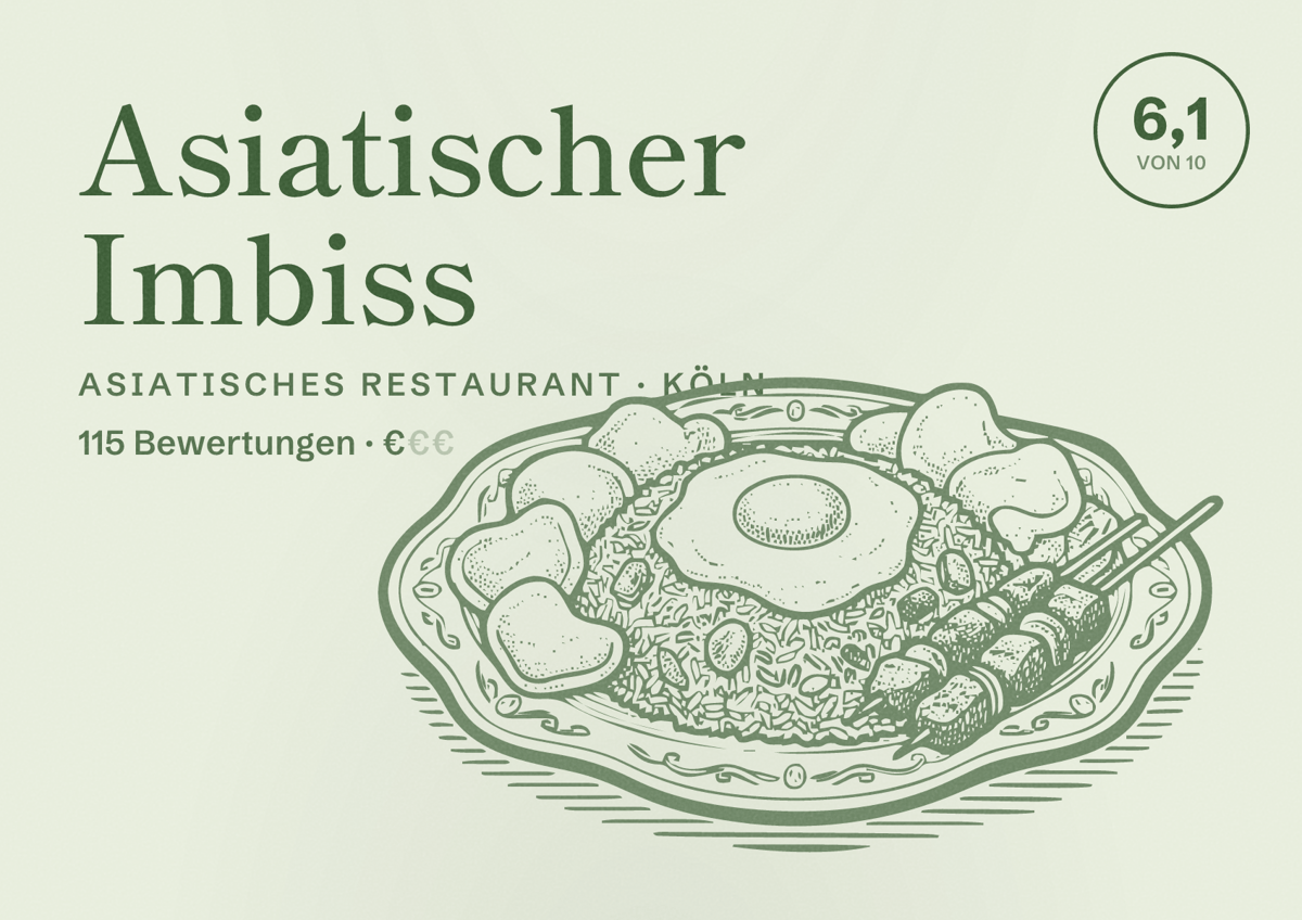 Illustriertes Poster von Asiatischer Imbiss, Asiatisches Restaurant in Köln: Bewertung 6,1 von 10 aus 115 Bewertungen, Preisniveau €