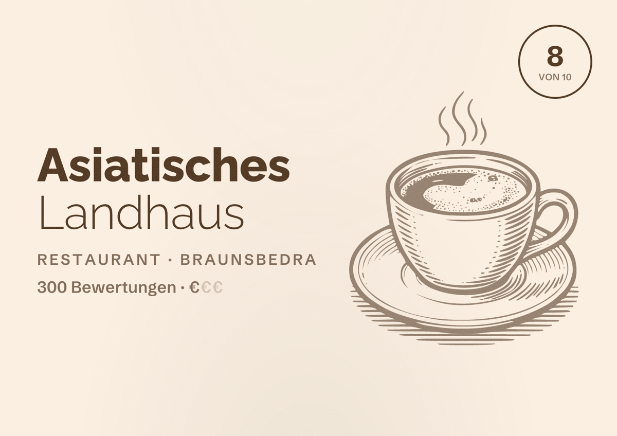 Illustriertes Poster von Asiatisches Landhaus, Restaurant in Braunsbedra: Bewertung 8 von 10 aus 300 Bewertungen, Preisniveau €