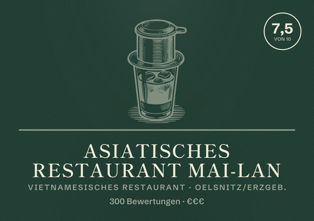Illustriertes Poster von Asiatisches Restaurant Mai-Lan, Vietnamesisches Restaurant in Oelsnitz/Erzgeb.: Bewertung 7,5 von 10 aus 300 Bewertungen, Preisniveau €€€