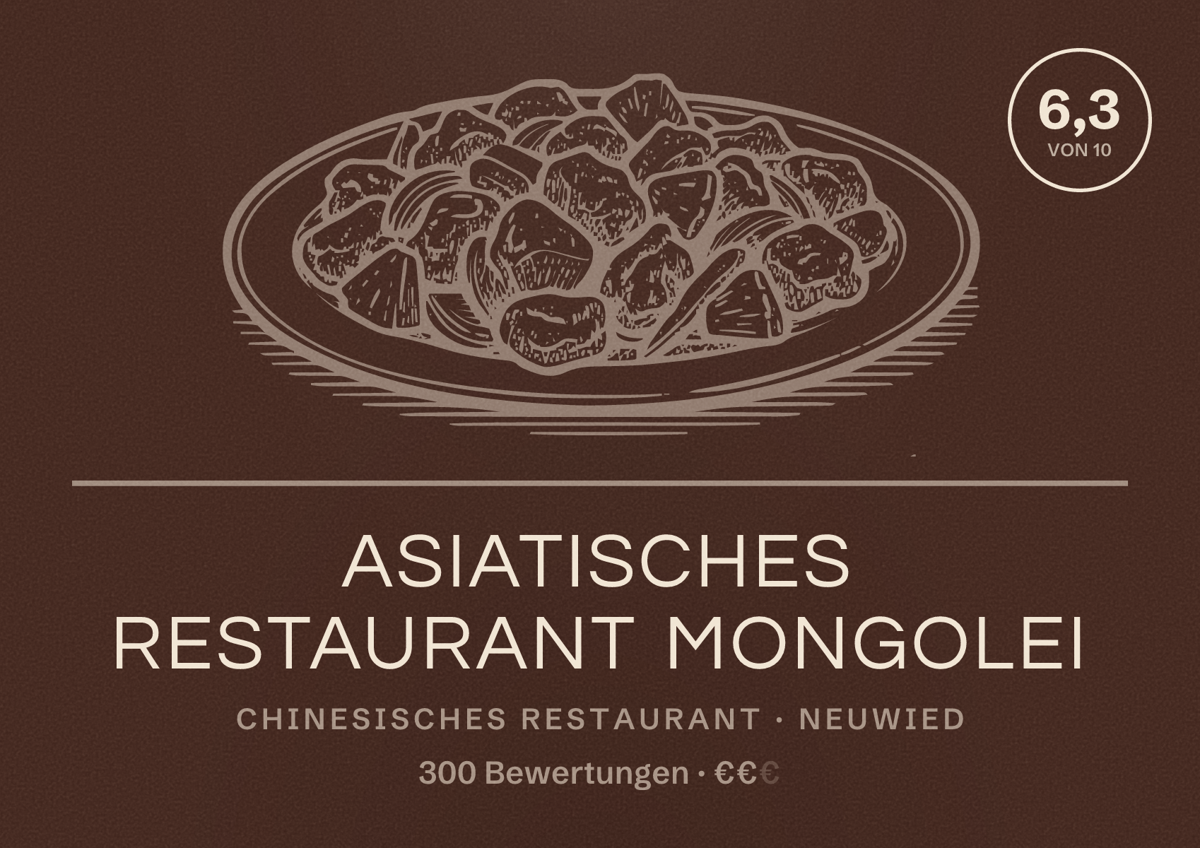 Illustriertes Poster von Asiatisches Restaurant Mongolei, Chinesisches Restaurant in Neuwied: Bewertung 6,3 von 10 aus 300 Bewertungen, Preisniveau €€