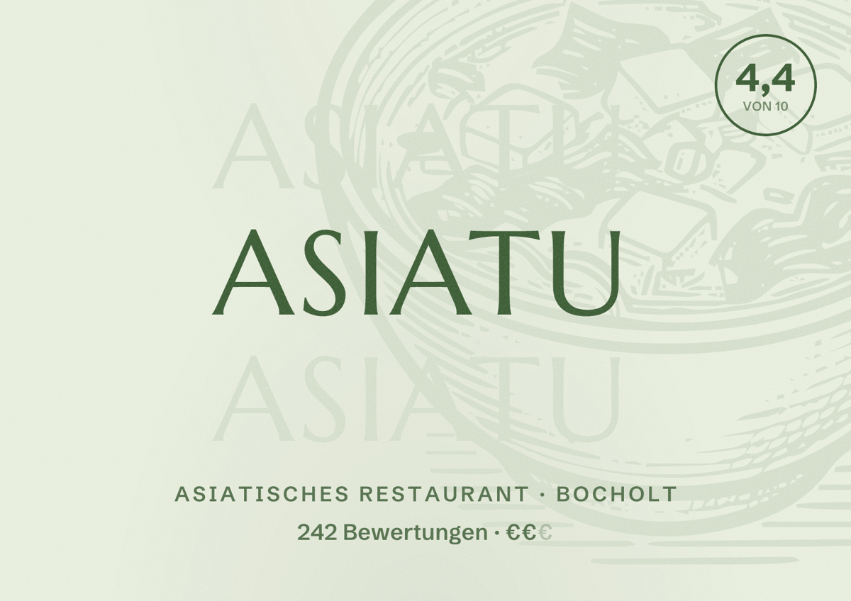 Illustriertes Poster von Asiatu, Asiatisches Restaurant in Bocholt: Bewertung 4,4 von 10 aus 242 Bewertungen, Preisniveau €€