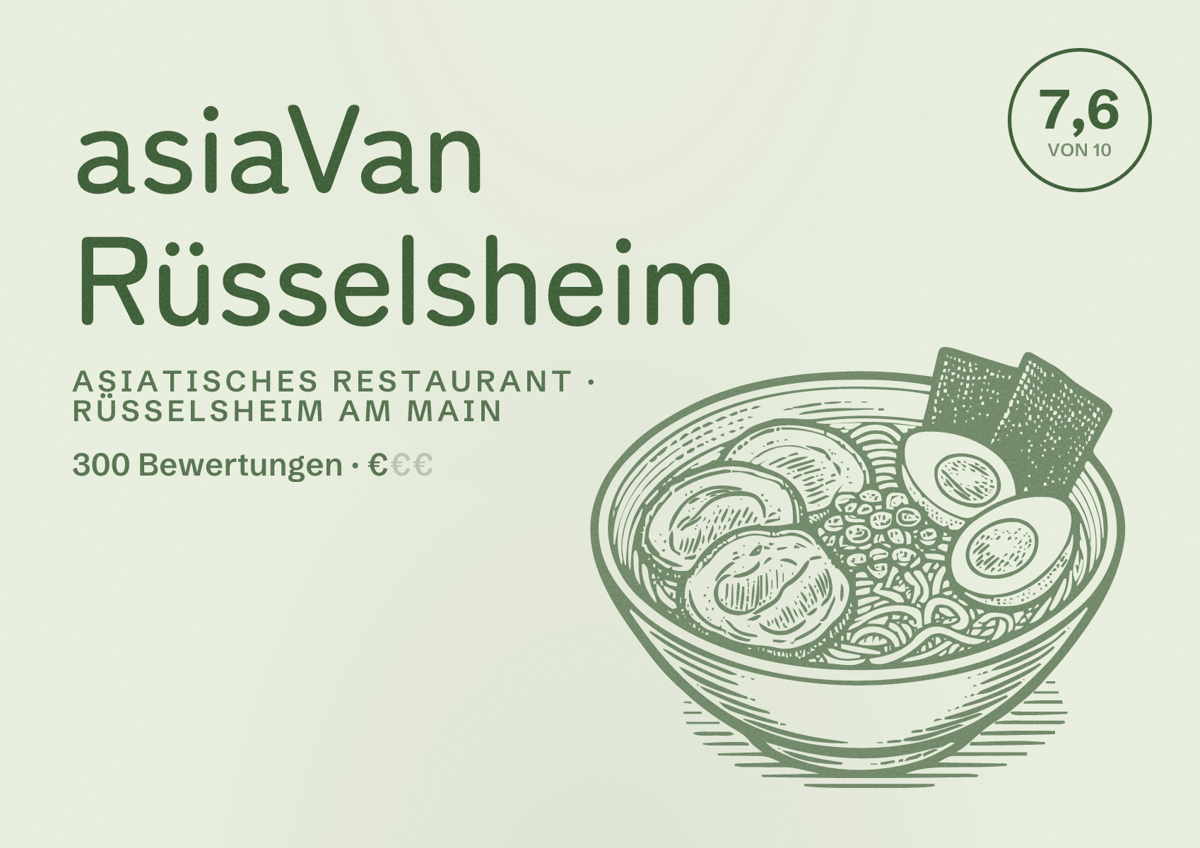 Illustriertes Poster von asiaVan Rüsselsheim, Asiatisches Restaurant in Rüsselsheim am Main: Bewertung 7,6 von 10 aus 300 Bewertungen, Preisniveau €